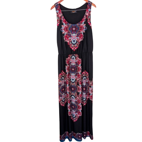 Renee C. Dresses & Skirts - Renee C Black Red Ornate Elastic Waist Maxi Dress Sleeveless Size 1x